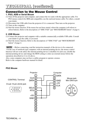 Page 4TECHNICAL - 4
T T T T
E E E E
C C C C
H H H H
N N N N
I I I I
C C C C
A A A A
L L L L(
( ( (
c c c c
o o o o
n n n n
t t t t
i i i i
n n n n
u u u u
e e e e
d d d d
) ) ) )
Connection to the Mouse Control
1. PS/2, ADB or Serial Mouse
(1) Turn off the projector and computer, and connect the two units with the appropriate cable. For
PS/2 mouse control (for IBM and compatible), use the enclosed mouse cable. For others, consult
your dealer.
(2) Disconnect the USB cable from the projector if it is connected....