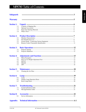 Page 2© 3M 1999  3M
ENGLISH
MP8780  Table of Contents 