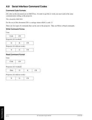 Page 33TECHNICAL
A-10© 3M 1999 3Mª Multimedia Projector MP8780
Command Code Formats
All codes in this document are in ASCII Text.  In order to get this to work you must send at the same
communication setting as the projector.
This should be 9600 8N1.
For the rest of this document CR is a carriage return which is code 13.
There are two types of commands that can be sent to the projector.  They are Write or Read commands.
Write Command Format
User:
Code CR
Projector (if it worked):
OKCR
Projector (if it did not...