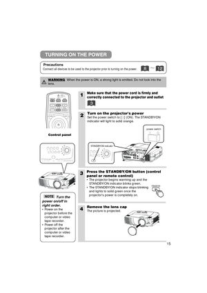 Page 1615
1Make sure that the power cord is firmly and
correctly connected to the projector and outlet
2Turn on the projectors power
Set the power switch to [ | ] (ON). The STANDBY/ON
indicator will light to solid orange.
3Press the STANDBY/ON button (control
panel or remote control) 
• The projector begins warming up and the
STANDBY/ON indicator blinks green.
•  The STANDBY/ON indicator stops blinking
and lights to solid green once the
projectors power is completely on.
4Remove the lens cap
The picture is...