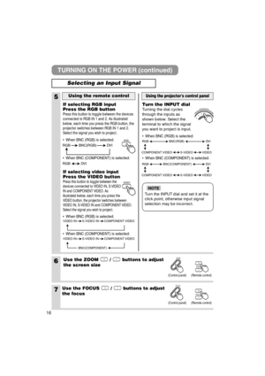 Page 176Use the ZOOM  /  buttons to adjust
the screen size
7Use the FOCUS  /  buttons to adjust
the focus
5
If selecting RGB input
Press the RGB button
Press this button to toggle between the devices
connected to RGB IN 1 and 2. As illustrated
below, each time you press the RGB button, the
projector switches between RGB IN 1 and 2.
Select the signal you wish to project.
If selecting video input
Press the VIDEO button
Press this button to toggle between the
devices connected to VIDEO IN, S-VIDEO
IN and COMPONENT...