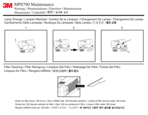 Page 5Filter Cleaning / Filter Reinigung / Limpieza Del Filtro / Nettoyage De Filtre / Pulizia Del Filtro
Limpeza Do Filtro / Rengöra luftfiltret / /Cambiamento Della Lampada / Mudança Da Lâmpada / Byta Lampa / /Lamp Change / Lampen Wechsel / Cambio De la Lámpara / Changement De Lampe / Changement De Lampe
Clean air filter every 100 hours / Den Luftfilter alle 100 Stunden säubern / Limpie el filtro de aire cada 100 horas
Toutes les 100 heures nettoient le filtre / Ogni 100 ore puliscono il filtro / Limpe o...