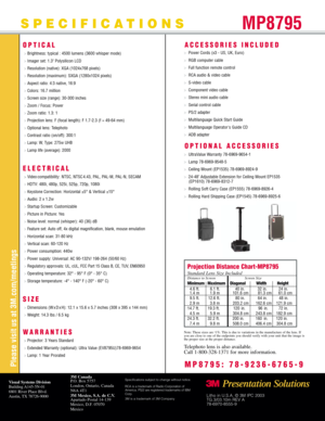 Page 2SPECIFICATIONS
OPTICAL
>Brightness: typical : 4500 lumens (3600 whisper mode) 
>Imager set: 1.3 Polysilicon LCD
>Resolution (native): XGA (1024x768 pixels)
>Resolution (maximum): SXGA (1280x1024 pixels)
>Aspect ratio: 4:3 native, 16:9
>Colors: 16.7 million
>Screen size (range): 30-300 inches
>Zoom / Focus: Power
>Zoom ratio: 1.3: 1
>Projection lens: F (focal length): F 1.7-2.3 (f = 49-64 mm)
>Optional lens: Telephoto
>Contrast ratio (on/off): 300:1
>Lamp: W, Type: 275w UHB
>Lamp life (average): 2000...