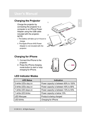 Page 9
User’s Manual 
8 
EN Charging the Projector 
Charge the projector by 
connecting the projector to a 
computer or an iPhone Power 
Adapter using the USB cable 
included with the projector. 
NOTE:  
i. The battery will take up to 4 hours to charge.  
ii. The Apple iPhone 4/4S Power 
Adapter is not included with the 
projector. 
 
 
 
Charging for iPhone 
1.  Connect the iPhone to the 
projector. 
2.  Press the iPhone charging 
mode button to start or stop 
charging for iPhone. 
 
 
LED Indicator Modes...