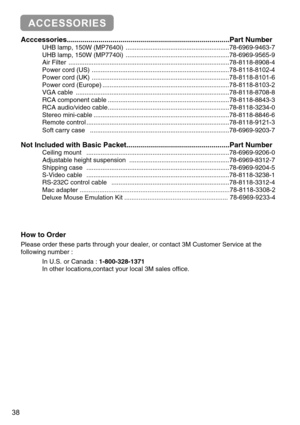 Page 3938
Acccessories............................................................\
......................Part Number
UHB lamp, 150W (MP7640i) ..........................................................78-6969-9463-7\
UHB lamp, 150W (MP7740i) ..........................................................78-6969-9565-9\
Air Filter ........................................................................\
..................78-8118-8908-4
Power cord (US)...