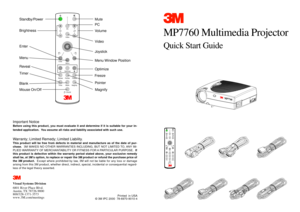 Page 1MP7760 Multimedia ProjectorQuick Start Guide
Visual Systems Division
6801 River Place Blvd.
Austin, TX 78726-9000
800/328-1371-3573
www.3M.com/meetings
Printed  in USA
© 3M IPC 2000  78-6970-9010-4
Important NoticeBefore using this product, you must evaluate it and determine if it is suitable for your in-
tended application.  You assume all risks and liability associated with such use.Warranty; Limited Remedy; Limited Liability.This product will be free from defects in material and manufacture as of the...