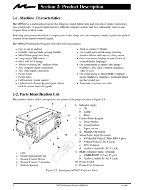 Page 643ME Multimedia Projector MP8020
W 1996
Section 2: Product Description
2-1. Machine Characteristics
The MP8020 is a multimedia projector that integrates metal halide lamp and polysilicon display technology
into a single unit.  It accepts input from two different computer sources and  two video/audio sources and
projects them in VGA mode.
Switching your presentation from a computer to a video image back to a computer simply requires the push of
a button on the remote control keypad.
The MP8020 Multimedia...