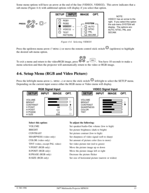 Page 1613 W 3M 19963ME Multimedia Projector MP8030
Some menu options will have an arrow at the end of the line (VIDEO1, VIDEO2).  This arrow indicates that a
sub-menu (Figure 4-4) with additional options will display if you select that option.
VIDEO1  
SETUP     INPUT     IMAGE     OPT.
RGB1
RGB2
VIDEO2  
TEST 
PATTERN
SYSTEM
AUTO
NTSC
PA L
SECAM
              NOTE:
VIDEO1 has an arrow to the
right.  If you select this option
the sub-menu SYSTEM will
display.  The options are:
AUTO, NTSC, PAL and
SECAM.
 or...