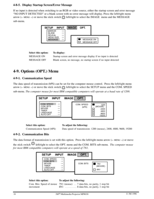 Page 1916W 3M 19963ME Multimedia Projector MP8030
4-8-5. Display Startup Screen/Error Message
If no input is detected when switching to an RGB or video source, either the startup screen and error message
ªNO INPUT DETECTEDº or a blank screen with no error message will display. Press the left/right menu
arrow (
u MENU ) or move the stick switch  left/right to select the IMAGE  menu and the MESSAGE
sub-menu.
MESSAGEMENU SIZE MIRROR
SETUP     INPUT     IMAGE     OPT.
BLANK
REVEAL




MESSAGE OFF
MESSAGE ON
Select...