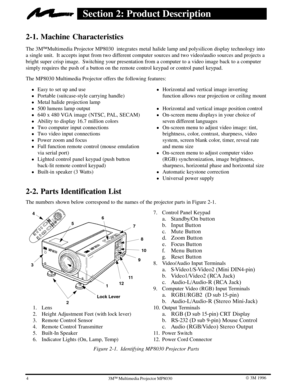 Page 74W 3M 19963ME Multimedia Projector MP8030
Section 2: Product Description
2-1. Machine Characteristics
The 3MEMultimedia Projector MP8030  integrates metal halide lamp and polysilicon display technology into
a single unit.  It accepts input from two different computer sources and two video/audio sources and projects a
bright super crisp image.  Switching your presentation from a computer to a video image back to a computer
simply requires the push of a button on the remote control keypad or control panel...