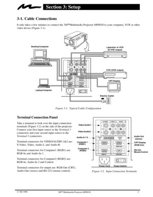 Page 85 W 3M 19963ME Multimedia Projector MP8030
Section 3: Setup
3-1. Cable Connections
It only takes a few minutes to connect the 3MEMultimedia Projector MP8030 to your computer, VCR or other
video device (Figure 3-1).
CRT Display Desktop Computer
Laptop Computer
Figure 3-1. Typical Cable Configuration
Terminal Connection Panel
Take a moment to look over the input connection
terminals (Figure 3-2) on the side of the projector.
Connect your first input source to the Terminal 1
connectors and your second input...