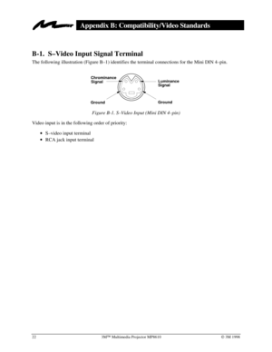 Page 2622 3MÔ Multimedia Projector MP8610Ó 3M 1998
Appendix B: Compatibility/Video Standards
B-1. S–Video Input Signal Terminal
The following illustration (Figure B–1) identifies the terminal connections for the Mini DIN 4–pin.
Luminance
Signal Chrominance
Signal
Ground
Ground
Figure B-1. S–Video Input (Mini DIN 4–pin)
Video input is in the following order of priority:
· S–video input terminal
· RCA jack input terminal 