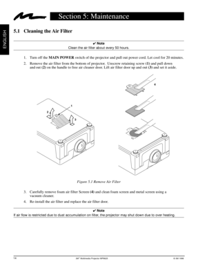 Page 183Mª Multimedia Projector MP8625© 3M 1998
ENGLISH
5.1 Cleaning the Air Filter
4 Note
Clean the air filter about every 50 hours.
1. Turn off the MAIN POWER switch of the projector and pull out power cord. Let cool for 20 minutes.
2. Remove the air filter from the bottom of projector.  Unscrew retaining screw (1) and pull down
and out (2) on the handle to free air cleaner door. Lift air filter door up and out (3) and set it aside.
3. Carefully remove foam air filter Screen (4) and clean foam screen and...