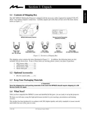 Page 7© 3M 1998 3Mª Multimedia Projector MP8625
ENGLISH
Section 1: Unpack
1.1 Contents of Shipping Box
The 3Mª MP8625 Multimedia Projector is shipped with the necessary cables required for standard VCR, PC,
MACª II or laptop computer connections.  Carefully unpack and verify that you have all of the items shown
below in Figure 1.1.
Figure 1.1  Inventory of Shipping Box
The shipping carton contains the items illustrated in Figure 1.1.    In addition, the following items are also
included, but not shown here....