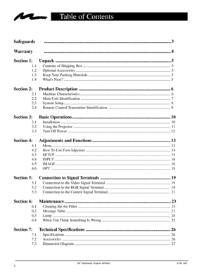 Page 23Mª Multimedia Projector MP8640© 3M 1997
Table of Contents
Safeguards ................................................................................................................. 3
Warranty ................................................................................................................. 4
Section 1: Unpack ....................................................................................................... 5
1.1 Contents of Shipping Box...