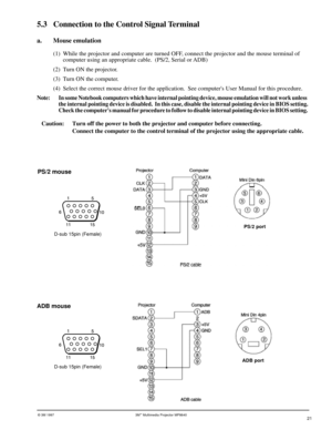 Page 21© 3M 1997 3Mª Multimedia Projector MP8640
5.3 Connection to the Control Signal Terminal
ADB mouse
ADB port
D-sub 15pin (Female)
PS/2 mouse
PS/2 port
D-sub 15pin (Female)
a. Mouse emulation
(1) While the projector and computer are turned OFF, connect the projector and the mouse terminal of
computer using an appropriate cable.  (PS/2, Serial or ADB)
(2) Turn ON the projector.
(3) Turn ON the computer.
(4) Select the correct mouse driver for the application.  See computers User Manual for this procedure....