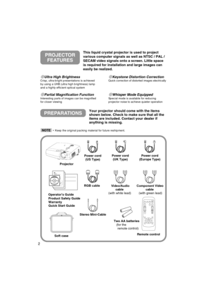 Page 32
Ultra High BrightnessCrisp, ultra-bright presentations is achieved
by using a UHB (ultra high brightness) lamp
and a highly efficient optical system
Partial Magnification FunctionInteresting parts of images can be magnified
for closer viewing 
Keystone Distortion CorrectionQuick correction of distorted images electrically
Whisper Mode EquippedSpecial mode is available for reducing
projector noise to achieve quieter operation
PREPARATIONSYour projector should come with the items
shown below. Check...