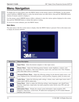 Page 2222 Operator’s Guide
3M™ Super Close Projection System SCP716
© 3M 2009. All Rights Reserved.
ENGLISH
Menu Navigation
To display the on screen menus, press the MENU button on the remote control or I/O Module. Use the remote 
control Up/Down ARROW buttons to select the desired menu (see table below), then pull the TRIGGER button 
(bottom of remote control) to display it.
Use the remote control ARROW buttons within a submenu to select the various options displayed on the screen, 
then pull the TRIGGER...