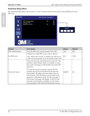 Page 2828 Operator’s Guide
3M™ Super Close Projection System SCP716
© 3M 2009. All Rights Reserved.
ENGLISH
Advanced Setup Menu
The Advanced Setup Menu, shown below, is used to initiate the PIN code feature (turn On/Off) and set the 
PIN code.
Setup PINInput Source: Computer 1
PIN Authentication OffX
Network Control OnX Change PIN ·X
Feature Description Range Default
PIN Authentication Turn the PIN code security feature On or Off. N/A Off
Set PIN codeChange the 4-digit PIN access code as desired....