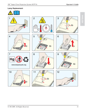 Page 3131 Operator’s Guide 3M
™ Super Close Projection System SCP716
© 3M 2009. All Rights Reserved.
ENGLISH
Lamp Replacement
11
10
6 121
2
3
4
5 7 8 9
www.lamprecycle.org
Hg
ENGLISH 