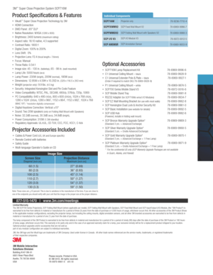 Page 43M™ Super Close Projection S\fstem SCP71\bW
Please recycle. Printed in USA.© 3\f 2010. All ri\bhts reserved.78-6970-8661-5    v01.10
3M Mobile Interactive Solutions DivisionBuildin\b A147-5N-016801 River Place BlvdAustin, T X 78726-9000USA
Product Specifications & Features
•  Vikuiti™ Super Close Projection Technolog\f b\f 3M
•  HDMI Connection
•  DMD Panel: .\b5" DLP
•  Native Resolution: WXGA (1280 x 800)
•  Brightness: 2400 lumens (maximum rating)
•  Aspect ratio: 1\b:10 native, 4:3 supported
•...