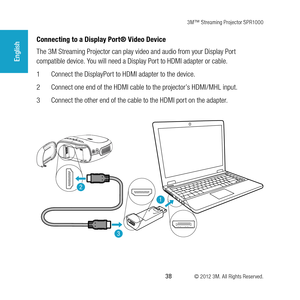 Page 383M™ Streaming Projector SPR1000
 38 © 2012 3M. All Rights Reserved.
English
Connecting to a Display Port® Video Device 
The 3M Streaming Projector can play video and audio from your Display Port 
compatible device. You will need a Display Port to HDMI adapter or cable.
1 Connect the DisplayPort to HDMI adapter to the device. 
2 Connect one end of the HDMI cable to the projector’s HDMI/MHL input.
3 Connect the other end of the cable to the HDMI port on the adapter. 
3
1
2 