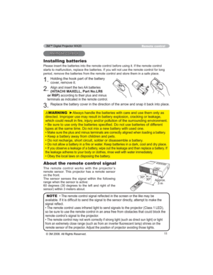 Page 1111
Remote control
Installing batteries
JLW,IWKHUHPRWHFRQWURO
VHWKHUHPRWHFRQWUROIRUORQJ
WKHPLQDVDIHSODFH
+ROGLQJWKHKRRNSDUWRIWKHEDWWHU\
FRYHUUHPRYHLW
$OLJQDQGLQVHUWWKHWZR$$EDWWHULHV
(HITACHI MAXELL, Part No.LR6 
RU53
DFFRUGLQJWRWKHLUSOXVDQGPLQXV
WHUPLQDOVDVLQGLFDWHGLQWKHUHPRWHFRQWURO
SLWEDFNLQWRSODFH
5HPRWHFRQWURO
WARNING
JRUOHDNDJH
XQGLQJHQYLURQPHQW
LHVRIGLIIHUHQW

• 
HQORDGLQJDEDWWHU\...