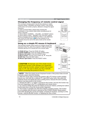 Page 1212
Using as a simple PC mouse & keyboard



3$*(83NH\3UHVVWKH3$*(83EXWWRQ
3$*(2:1NH\3UHVVWKH3$*(2:1EXWWRQ
0RXVHOHIWEXWWRQ3UHVVWKH(17(5EXWWRQ
0RYHSRLQWHU8VHWKHFXUVRUEXWWRQVxz{DQGy
(6&NH\3UHVVWKH(6&EXWWRQ
0RXVHULJKWEXWWRQ3UHVVWKH5(6(7EXWWRQ
Changing the frequency of  remote control signal

IUHTXHQF\0RGH1250$/DQG0RGH+,*+,IWKHUHPRWH
FRQWUROGRHVQRWIXQFWLRQSURSHUO\DWWHPSWWRFKDQJHWKHVLJQDO
IUHTXHQF\...