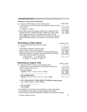 Page 1515
Operating
Selecting an input signal (continued)
3UHVVWKH9,(2EXWWRQRQWKHUHPRWHFRQWURO
W
SRUWDVEHORZ
69,(2
9,(2
H
&20387(5,1&20387(5,1RU+0,SRUWZKHQ7851
21LVVHOHFWHGIRUWKH$8726($5&+LWHPLQWKH237,21
PHQX
	38
(2
SRUW
Selecting an aspect ratio
3UHVVWKH$63(&7EXWWRQRQWKHUHPRWHFRQWURO

PRGHIRUDVSHFWUDWLRLQWXUQ
€For a PC signal
1250$/
Æ
Æ
Æ
Æ5($/
€For an HDMI signal
1250$/
Æ
Æ
Æ
Æ
Æ5($/
€
...