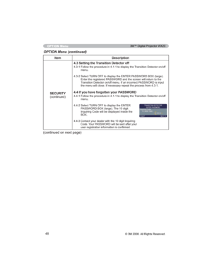 Page 4848
Item Description
6(&85,7<
FRQWLQXHG4.3 Setting the Transition Detector off
)ROORZWKHSURFHGXUHLQWRGLVSOD\WKH7UDQVLWLRQHWHFWRURQRII
PHQX
6HOHFW78512))WRGLVSOD\WKH(17(53$66:25%2;ODUJH
(QWHUWKHUHJLVWHUHG3$66:25DQGWKHVFUHHQZLOOUHWXUQWRWKH
7UDQVLWLRQHWHFWRURQRIIPHQX,IDQLQFRUUHFW3$66:25LVLQSXW

,I\RXKDYHIRUJRWWHQ\RXU3$66:25
)ROORZWKHSURFHGXUHLQWRGLVSOD\WKH7UDQVLWLRQHWHFWRURQRII
PHQX...