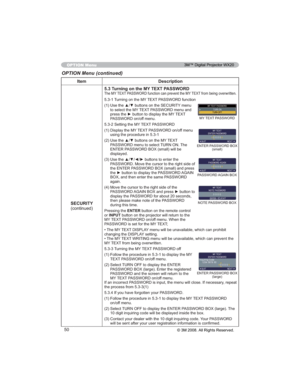 Page 5050
OPTION Menu (continued)
OPTION Menu
Item Description
6(&85,7<
FRQWLQXHG7XUQLQJRQWKH0