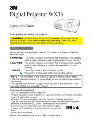 Page 11
Digital Projector WX36
Operator's Guide
Thank you for purchasing this projector.

SURGXFW%HVXUHWRUHDG³Product Warranty and Safety Guide