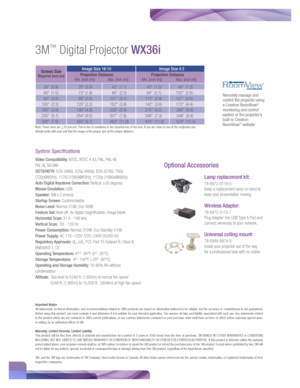 Page 33M™ Digital Projector WX36i
System Specifications
Video Compatibility: NTSC, NTSC 4.43, PAL, PAL-M,  
PAL-N, SECAM
SDTV/HDTV: 525i (480i), 525p (480p), 625i (576i)/ 750p 
(720p@60Hz), 1125i (1080i@60Hz), 1125p (1080p@60Hz)
Auto Digital Keystone Correction: Vertical ±30 degrees
Mouse Emulation: USB
Speaker: 8W x 2 (mono)
Startup Screen: Customizeable
Noise Level: Normal 37dB; Eco 30dB
Feature Set: Auto off, 4x digital magnification, image blank
Horizontal Scan: 31.5 - 106 kHz
Vertical Scan:   56 - 120 Hz...