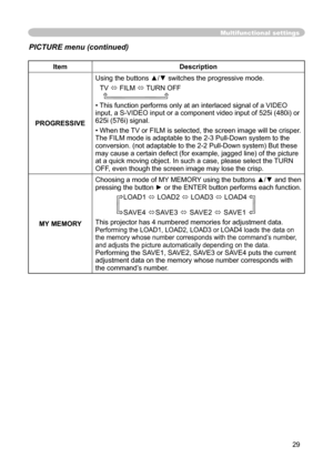 Page 29
29

Multifunctional settings
ItemDescription
PROGRESSIVE
Using the buttons ▲/▼ switches the progressive mode.
TV  FILM  TURN OFF   
• This function performs only at an interlaced signal of a VIDEO input, a S-VIDEO input or a component video input of 525i (480i) or 625i (576i) signal.
• When the TV or FILM is selected, the screen image will be crisper. The FILM mode is adaptable to the 2-3 Pull-Down system to the conversion. (not adaptable to the 2-2 Pull-Down system) But these may cause a certain...