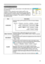 Page 35
35

Multifunctional settings
SCREEN menu
ItemDescription
LANGUAGE
Using the buttons ▲/▼ switches the OSD (On Screen Display) language.
SUOMI  POLSKI TÜRKÇE   
ENGLISH  FRANÇAIS  DEUTSCH  ESPAÑOL  ITALIANO
NORSK  NEDERLANDS  PORTUGUÊS  
 　　　　          SVENSKA              
MENU POSITIONUsing the buttons ◄/►/▲/▼ adjusts the menu position.
To quit the operation, press the MENU button or keep no operation 
for 10 seconds.
OSD BRIGHT Using the buttons ▲/▼ switches the 
brightness level of the...