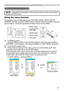 Page 23
3

. To display a menu 
Press the MENU button on the remote control or one of the cursor buttons\
  
▲/▼/◄/► on the projector. The Advanced MENU or EASY MENU will appear.
. To choose the target menu 
Point at one of choices on the menu using the cursor buttons ▲/▼, then 
press the cursor button ► or the ENTER button. 
At the Advance menu, when some menu is chosen already and you want to 
choose other menu, please return to the main menu beforehand, using the \
cursor button ◄ or the ESC...