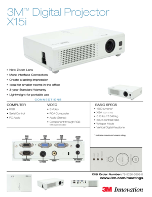 Page 1
3M
™
 Digital Projector 
X15i
•  New Zoom Lens
•  More Interface Connectors
•  Create a lasting impression
•  Ideal for smaller rooms in the office
•  3-year Standard Warranty
•  Lightweight for portable use
COMPUTER
•  RGB 
•  Serial Control
•  PC Audio
VIDEO
•  S Video
•  RCA Composite
•  Audio (Stereo)
•  Component through RGB 
    with special cable
 BASIC SPECS
•  1600 lumens*
•  XGA  (1024 x 768)
•  5.18 lbs / 2.349 kg
•  500:1 contrast ratio
•  Whisper Mode
•  Vertical Digital Keystone
X15i Order...