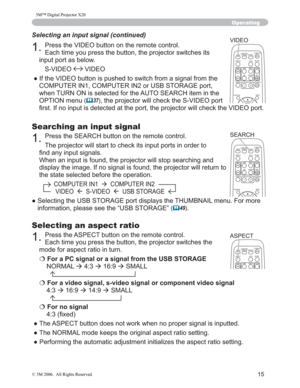 Page 16
15
Operating
Searching an input signal
3UHVVWKH6($5&+EXWWRQRQWKHUHPRWHFRQWURO
7KHSURMHFWRUZLOOVWDUWWRFKHFNLWVLQSXWSRUWVLQRUGHUWR
¿QGDQ\LQSXWVLJQDOV
:KHQDQLQSXWLVIRXQGWKHSURMHFWRUZLOOVWRSVHDUFKLQJDQG
GLVSOD\WKHLPDJH,IQRVLJQDOLVIRXQGWKHSURMHFWRUZLOOUH WXUQWR
WKHVWDWHVHOHFWHGEHIRUHWKHRSHUDWLRQ
&20387(5,1 Æ&20387(5,1
9,(2Æ69,(2Æ86%6725$*(
” 6HOHFWLQJWKH86%6725$*(SRUWGLVSOD\VWKH7+80%1$,/PHQX)RU...