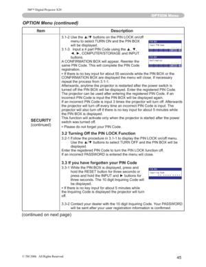 Page 46
45
Item Description
SECURITY FRQWLQXHG
 8VHWKHxzEXWWRQVRQWKH3,1/2&.RQRII
PHQXWRVHOHFW785121DQGWKH3,1%2;
ZLOOEHGLVSOD\HG
 ,QSXWDSDUW3,1&RGHXVLQJWKHxz
{y&20387(56725$*(DQG,1387
EXWWRQV
$&21),50$7,21%2;ZLOODSSHDU5HHQWHUWKH
VDPH3,1&RGH7KLVZLOOFRPSOHWHWKH3,1&RGH
UHJLVWUDWLRQ
•,IWKHUHLVQRNH\LQSXWIRUDERXWVHFRQGVZKLOHWKH3,1%2; RUWKH
&21),50$7,21%2;DUHGLVSOD\HGWKHPHQXZLOOFORVH,IQHFHVVDU \...