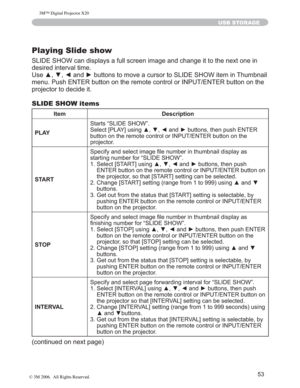 Page 54
53
USB STORAGE
Playing Slide show
6/,(6+2:FDQGLVSOD\VDIXOOVFUHHQLPDJHDQGFKDQJHLWWRWKHQH[WRQHLQ
GHVLUHGLQWHUYDOWLPH
8VHxz{DQGyEXWWRQVWRPRYHDFXUVRUWR6/,(6+2:LWHPL Q7KXPEQDLO
PHQX
PXVK(17(5EXWWRQRQWKHUHPRWHFRQWURORU,1387(17(5EXWWRQRQWKH

SURMHFWRUWRGHFLGHLW
SLIDE SHOW items
Item Description
PLAY 6WDUWV³6/,(6+2:´
6HOHFW>3/$67$57@XVLQJxz{DQGyEXWWRQVWKHQSXVK
(17(5EXWWRQRQWKHUHPRWHFRQWURORU,1387(17(5EXWWRQRQ...