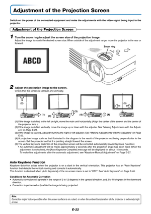 Page 23E-22
Adjustment of the Projection Screen
Switch on the power of the connected equipment and make the adjustments with the video signal being input to the
projector.
2Adjust the projection image to the screen.
Check that the screen is set level and vertically.
Adjustment of the Projection Screen
Turn the zoom ring to adjust the screen size of the projection image.Adjust the image to match the desired screen size. When outside of the adjustment range, move the projector to the rear or
forward.
STANDBY...