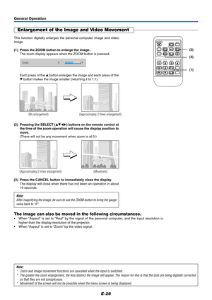 Page 29E-28
General Operation
Enlargement of the Image and Video Movement
Note:
* Zoom and image movement functions are cancelled when the input is switched.
* The greater the zoom enlargement, the less distinct the image will appear. The reason for this is that the dots are being digitally corrected
so that they are not conspicuous.
* Movement of the screen will not be possible when the menu screen is being displayed.
This function digitally enlarges the personal computer image and video
image.
(1) Press the...