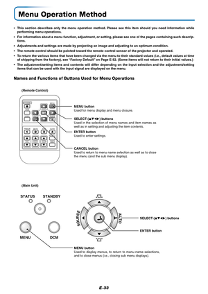 Page 34E-33
Menu Operation Method
•This section describes only the menu operation method. Please see this item should you need information while
performing menu operations.
•For information about a menu function, adjustment, or setting, please see one of the pages containing such descrip-
tions.
•Adjustments and settings are made by projecting an image and adjusting to an optimum condition.
•The remote control should be pointed toward the remote control sensor of the projector and operated.
•To return the...