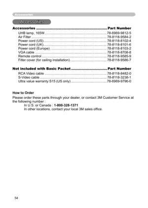 Page 54
54

Accessories
Accessories
Accessories ...............................................................Part Number
UHB lamp, 165W ..................................................................78-6969-9812-5
Air Filter ................................................................................Air Filter ................................................................................Air Filter78-8118-9584-2
Power cord (US)...