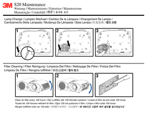 Page 4Filter Cleaning / Filter Reinigung / Limpieza Del Filtro / Nettoyage De Filtre / Pulizia Del Filtro
Limpeza Do Filtro / Reng
öra luftfiltret /                   /
Cambiamento Della Lampada / Mudan
ça Da Lâmpada / Byta Lampa /                /
Lamp Change / Lampen W
echsel / Cambio De la L
ámpara / Changement De Lampe / 
��������������������������������������������������������������������������������������������������������������������...