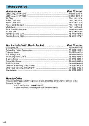 Page 4848
Accessories ............................................................\
... Part Number
UHB Lamp, 275W (X70) .................................................\
............................ 78-6969-9718-4
UHB Lamp, 310W (X80) .................................................\
............................ 78-6969-9719-2
Air Filter  ............................................................\
.......................................... 78-8118-9187-4
Power Cord (US)...