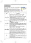 Page 32
32

Multifunctional settings
INPUT Menu
ItemDescription
COLOR SPACE
Using the buttons ▲/▼ switches the mode for color space. 
AUTO  RGB  SMPTE240  REC709  REC601      
•This item can be selected only at a RGB signal or a component video signal(except signals of 525i(480i)/625i(576i) from the component video port).
•The AUTO mode automatically selects the optimum mode. 
•The AUTO operation may not work well at some signals. In such a case, it might be good to select the SMPTE240 or the REC709....