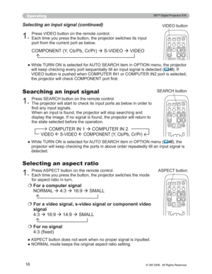 Page 16
16
Operating

3UHVV9,(2EXWWRQRQWKHUHPRWHFRQWURO
(DFKWLPH\RXSUHVVWKHEXWWRQWKHSURMHFWRUVZLWFKHVLWVLQSXW
SRUWIURPWKHFXUUHQWSRUWDVEHORZ
Selecting an input signal (continued)
”:KLOH785121LVVHOHFWHGIRU$8726($5&+LWHPLQ237,21PHQX WKHSURMHFWRU
ZLOONHHSFKHFNLQJHYHU\SRUWVHTXHQWLDOO\WLOODQLQSXWVLJQDO LVGHWHFWHG
	40,I
9,(2EXWWRQLVSXVKHGZKHQ&20387(5,1RU&20387(5,1SRUWL VVHOHFWHG
WKHSURMHFWRUZLOOFKHFN&20321(17SRUW