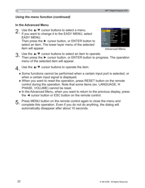 Page 22
22
Operating
Using the menu function (continued)”6RPHIXQFWLRQVFDQQRWEHSHUIRUPHGZKHQDFHUWDLQLQSXWSRUWLV VHOHFWHGRU
ZKHQDFHUWDLQLQSXWVLJQDOLVGLVSOD\HG
” :KHQ\RXZDQWWRUHVHWWKHRSHUDWLRQSUHVV5(6(7EXWWRQRQWKH UHPRWH
FRQWUROGXULQJWKHRSHUDWLRQ1RWHWKDWVRPHLWHPVH[/$1*8$* (+
3+$6(92/80(FDQQRWEHUHVHW
” ,QWKH$GYDQFHG0HQXZKHQ\RXZDQWWRUHWXUQWRWKHSUHYLRXVG LVSOD\SUHVV
WKH{FXUVRUEXWWRQRU(6&EXWWRQRQWKHUHPRWHFRQWURO...