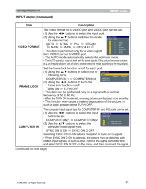 Page 31
31
INPUT menu
INPUT menu (continued)
Item Description
VIDEO FORMAT 7KHYLGHRIRUPDWIRU69,(2SRUWDQG9,(2SRUWFDQEHVHW
8VHWKH{yEXWWRQVWRVHOHFWWKHLQSXWSRUW

8VLQJWKHxzEXWWRQVVZLWFKHVWKHPRGH
IRUYLGHRIRUPDW
$872 Ù176&
Ù3$/
Ù6(&$0
13$/ Ù03$/
Ù176&
